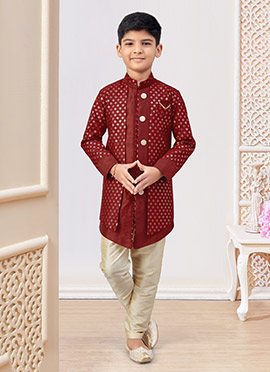 Maroon Banarasi Silk Embroidered Sequins Boys Indowestern Sherwani