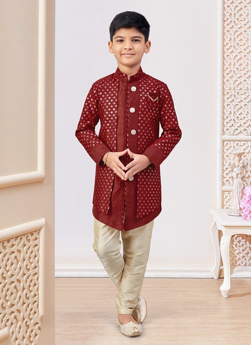 Maroon Banarasi Silk Embroidered Sequins Boys Indowestern Sherwani Wedding Wear