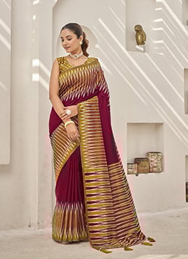 Maroon Banarasi Silk Ikkat Print Saree
