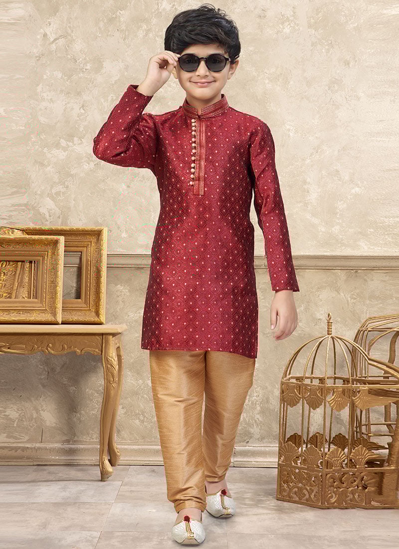 Maroon Banarasi Silk Jacquard Thread Lace Work Kids Boys Kurta Pyjama Festive Wear