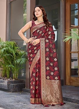 Maroon Banarasi Silk Jacquard Woven Elegant Saree