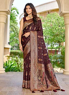Maroon Banarasi Silk Jacquard Woven Saree