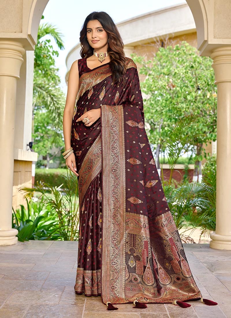 Maroon Banarasi Silk Jacquard Woven Saree Festive Wear
