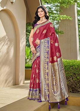 Maroon Banarasi Silk Jacquard Woven Saree