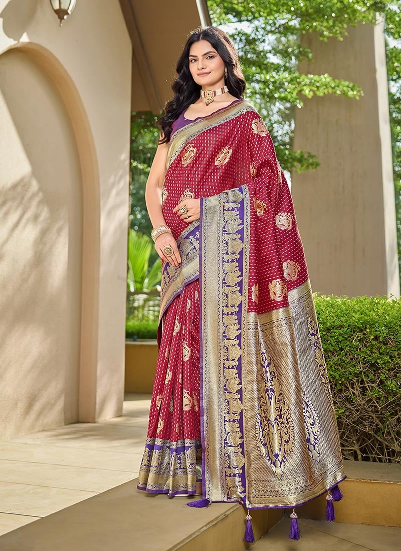 Maroon Banarasi Silk Jacquard Woven Saree Festive Wear