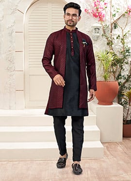 Maroon Banarasi Silk Kasak Zari Jacquard Indowestern Sherwani