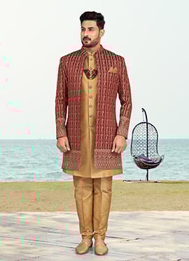 Maroon Banarasi Silk Zari Embroidered Indowestern Sherwani