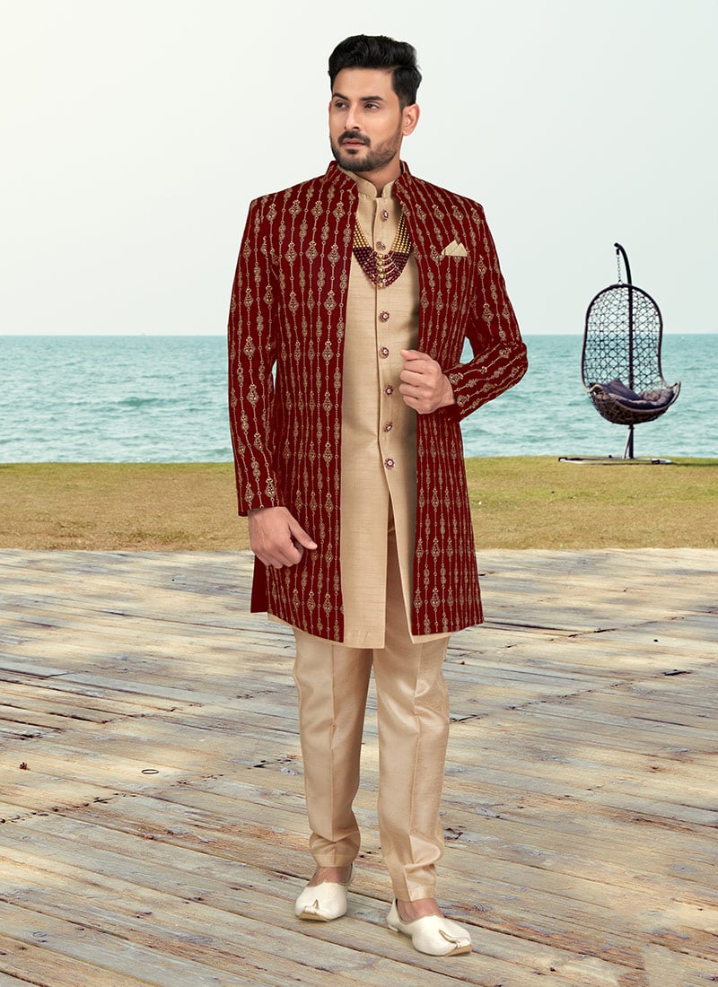 Maroon Banarasi Silk Zari Embroidered Indowestern Sherwani
