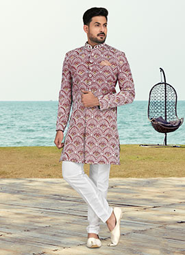 Maroon Banarasi Silk Zari Embroidered Indowestern Sherwani