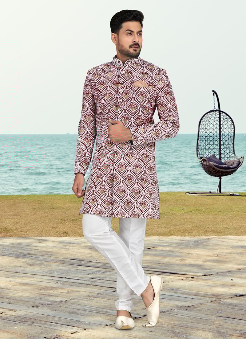Maroon Banarasi Silk Zari Embroidered Indowestern Sherwani Wedding Wear