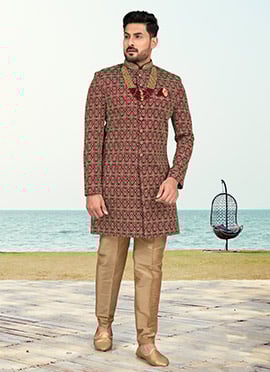 Maroon Banarasi Silk Zari Embroidered Indowestern Sherwani