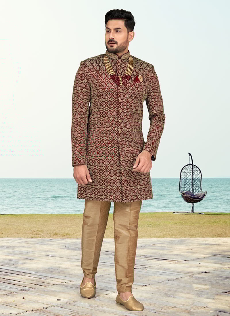 Maroon Banarasi Silk Zari Embroidered Indowestern Sherwani Wedding Wear