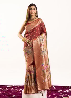Maroon Banarasi Silk Zari Jacquard Meenakari Woven Saree