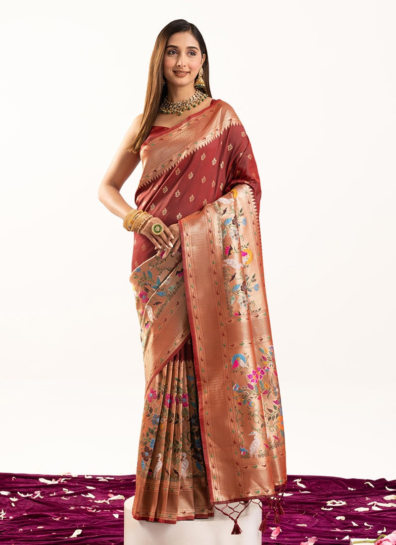 Maroon Banarasi Silk Zari Jacquard Meenakari Woven Saree Festive Wear