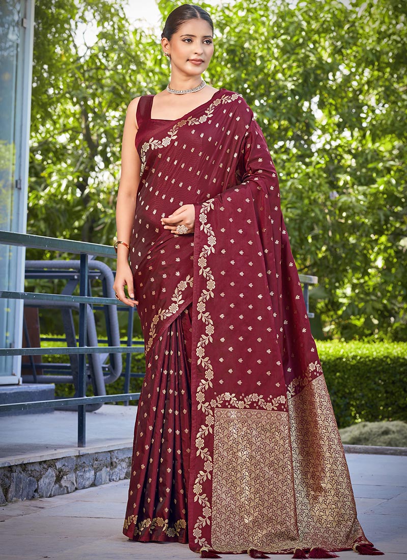 Maroon Banarasi Silk Zari Woven Saree Festive Wear