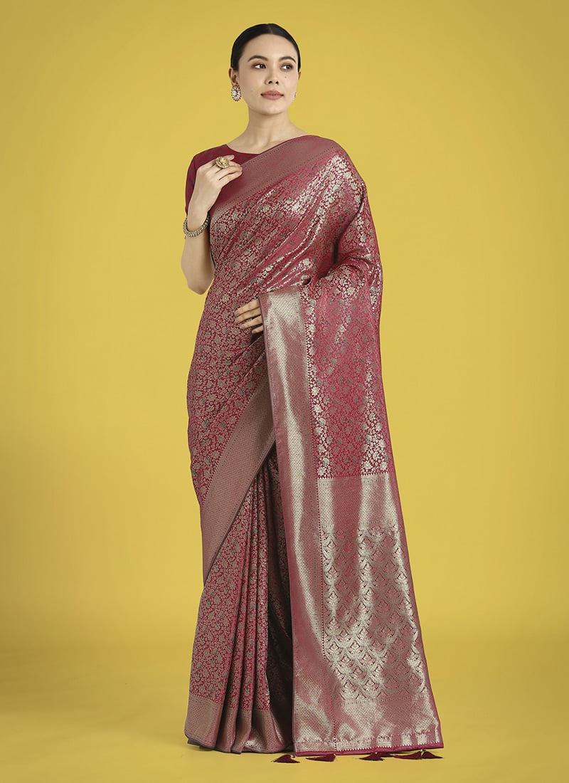 Maroon Banarasi Silk Zari Woven Saree Festive Wear