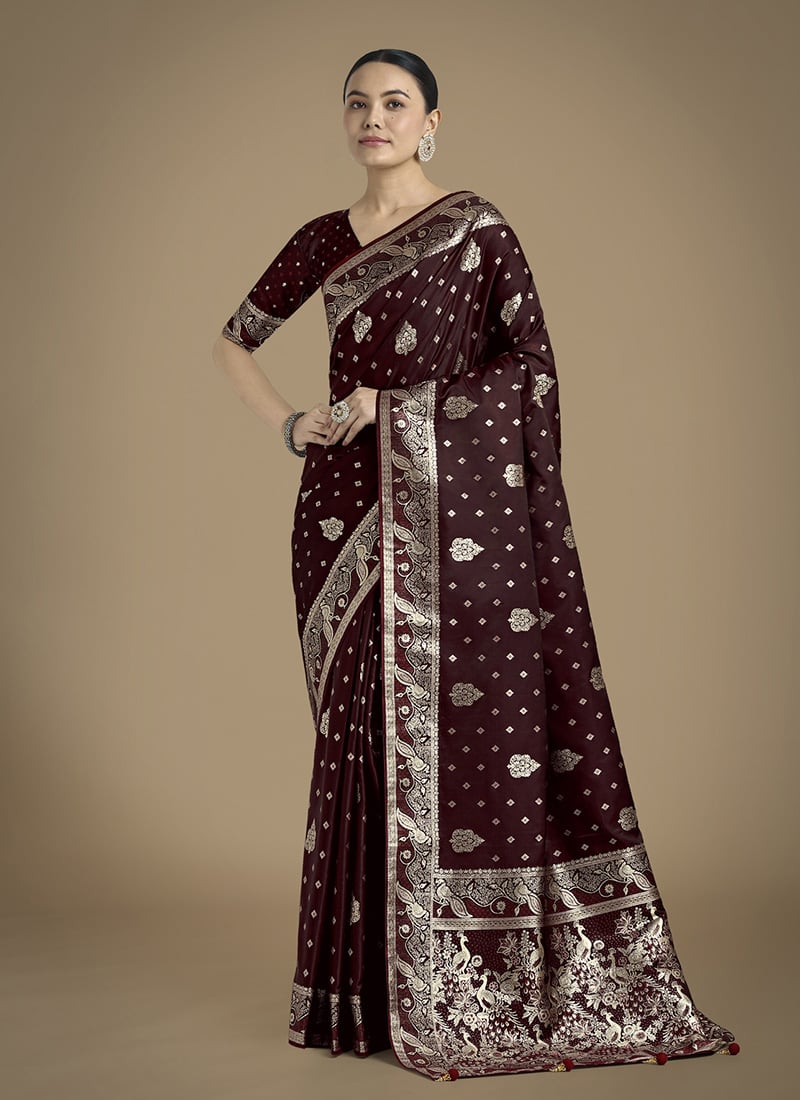 Maroon Banarasi Silk Zari Woven Saree Festive Wear