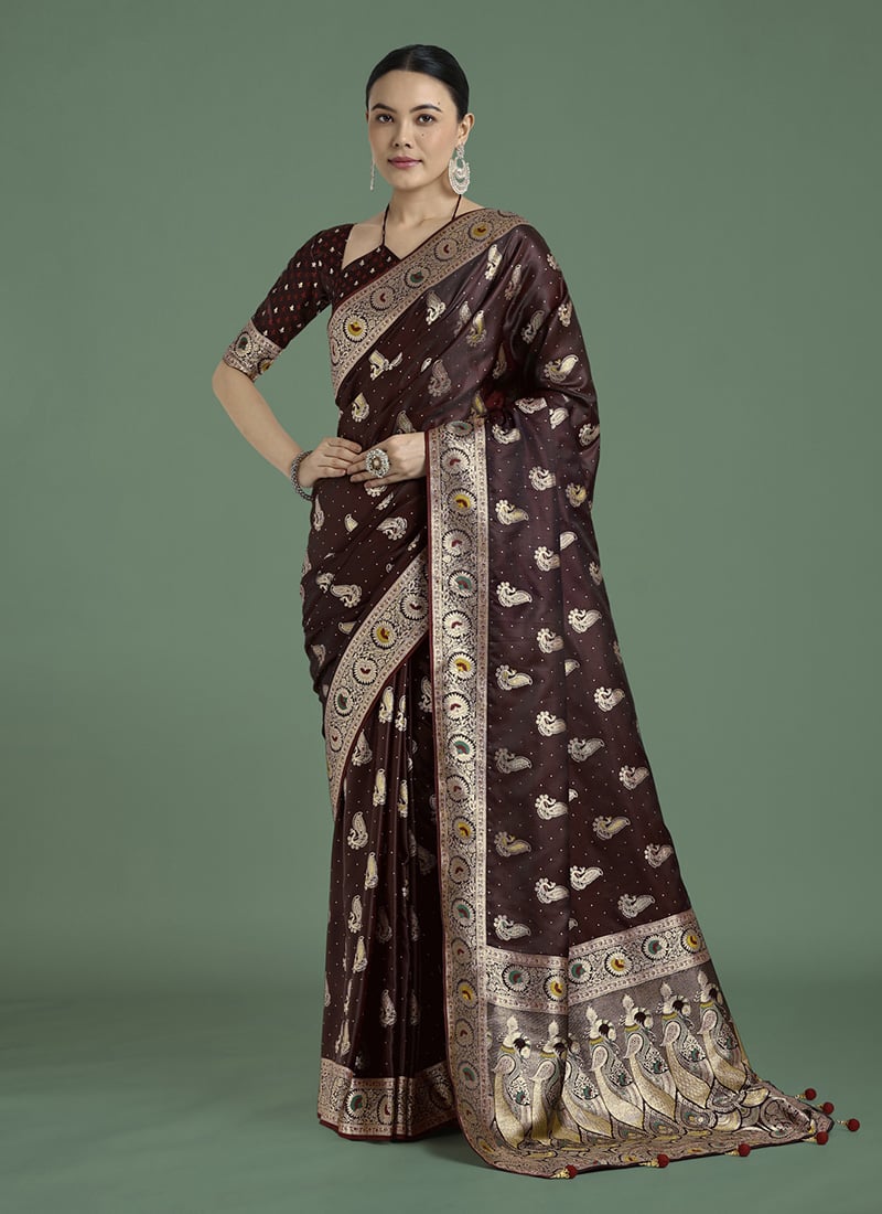 Maroon Banarasi Silk Zari Woven Saree Festive Wear