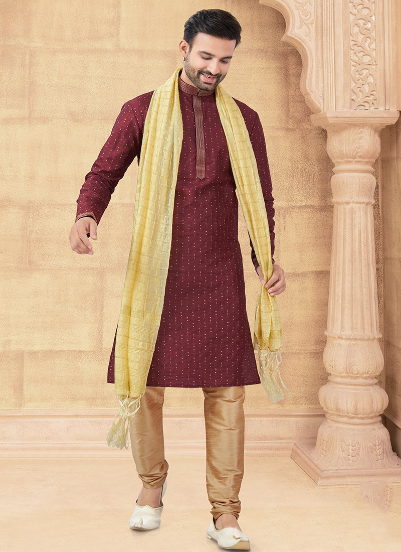 Maroon Banglory Silk Sequins Kurta Pyjama Festive Wear