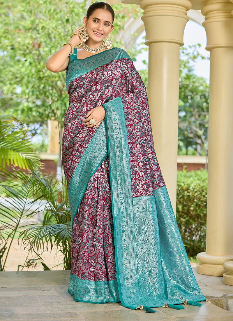 Maroon Bararasi Silk Zari Woven Saree Festive Wear