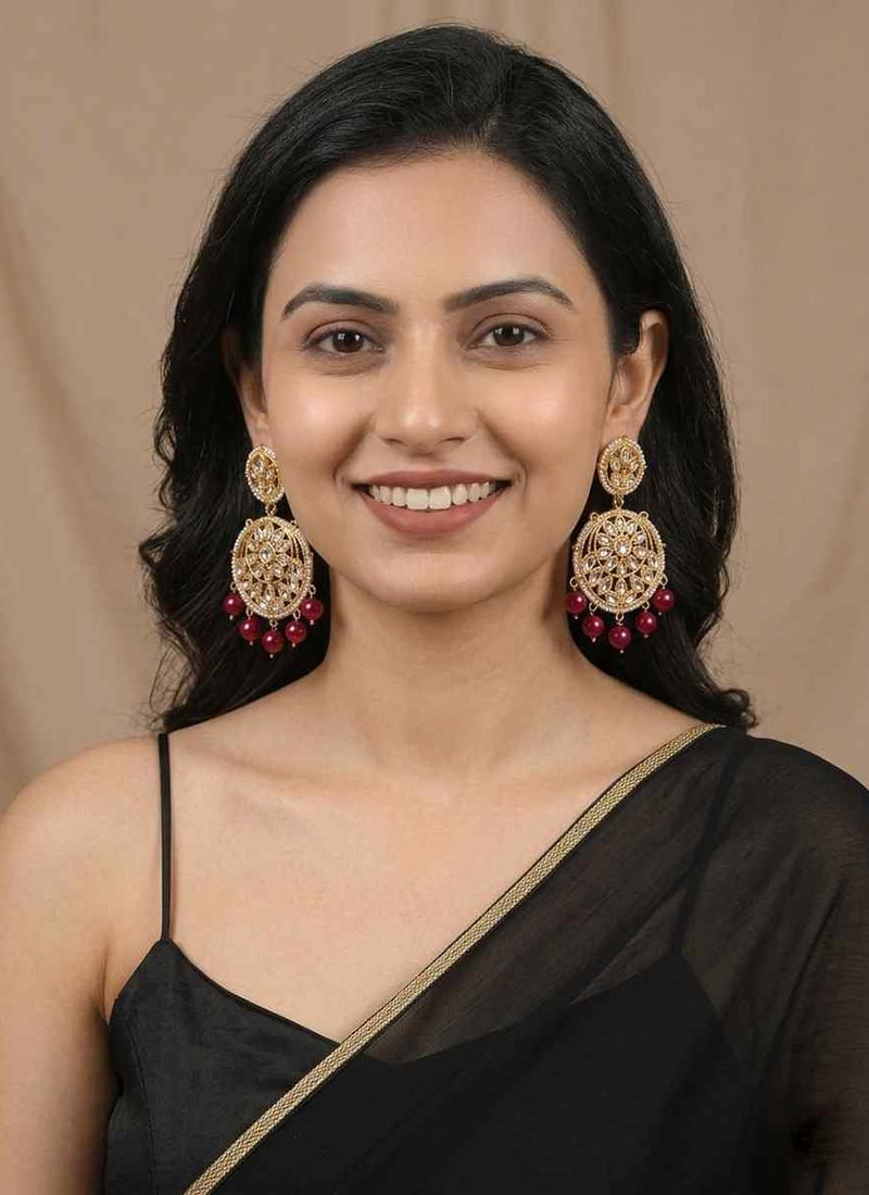 Maroon Bead Round Floral Kundan Danglers After Six Wear