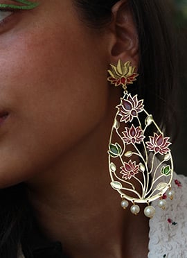 Maroon Beads Lotus Danglers