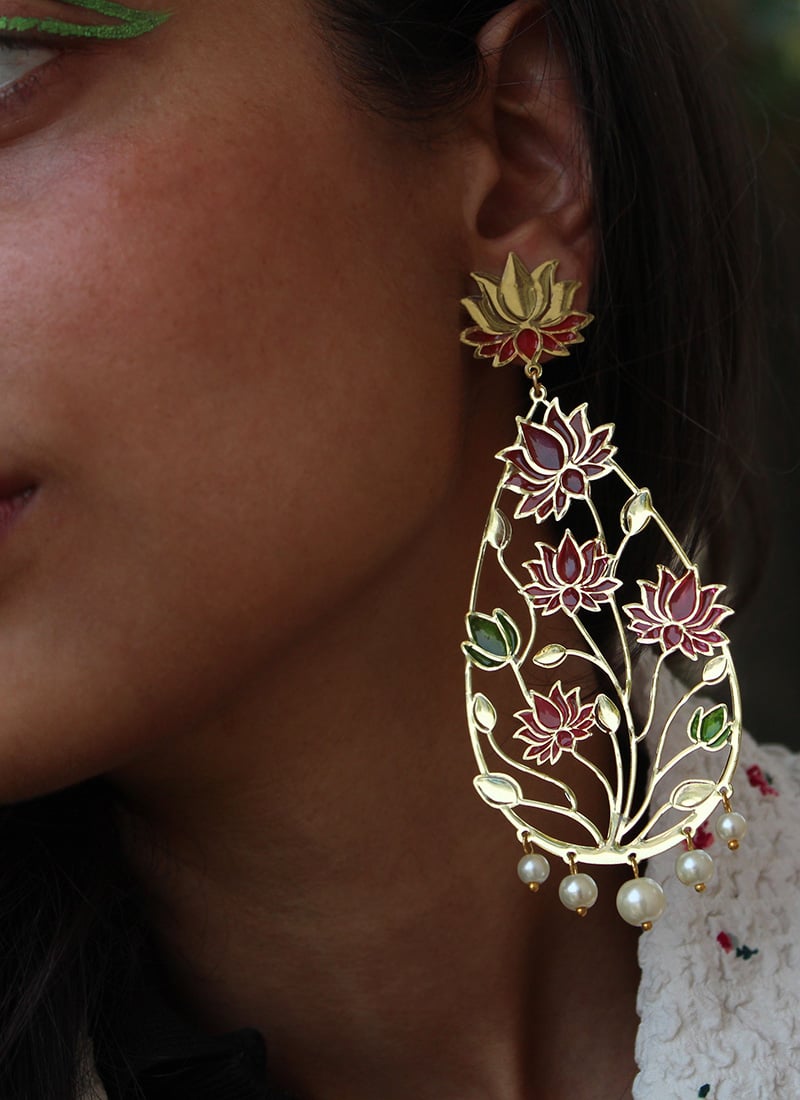 Maroon Beads Lotus Danglers Festive Wear