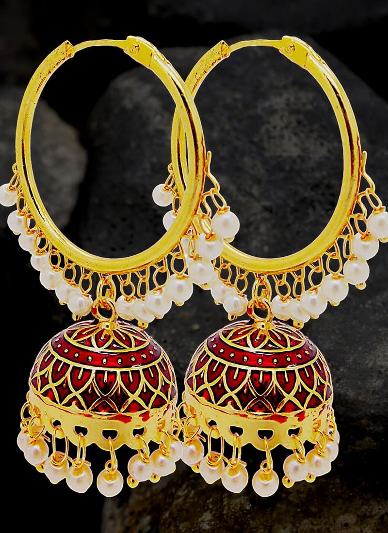 Maroon Beads Meenakari Jhumka Festive Wear