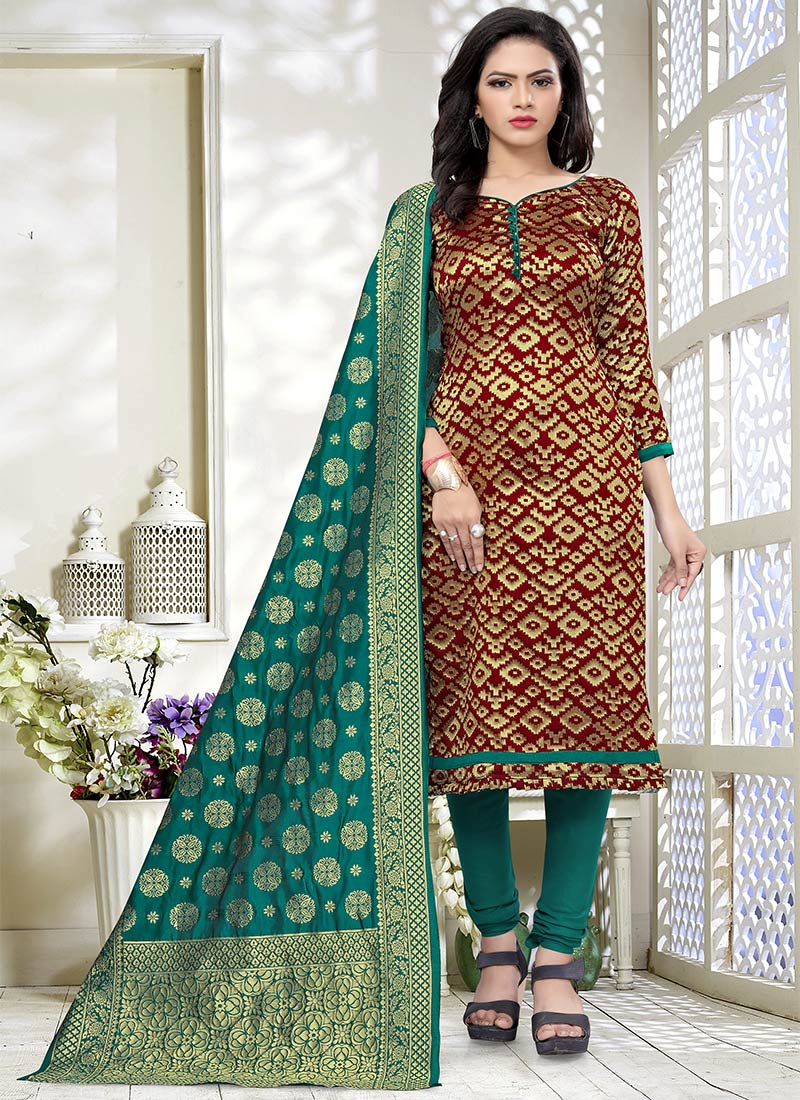 Maroon Benarasi Art Silk Churidar Suit