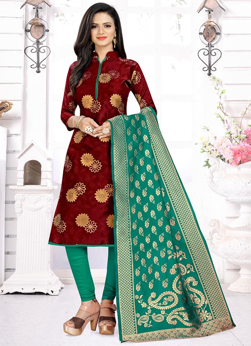 Maroon Benarasi Art Silk Churidar Suit
