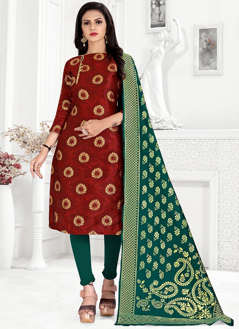 Maroon Benarasi Art Silk Churidar Suit