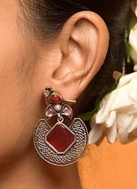 Maroon Bird Motif Kundan Dangler Earrings