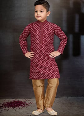 Maroon Blended Cotton Printed Kids Boys Kurta Pyjama