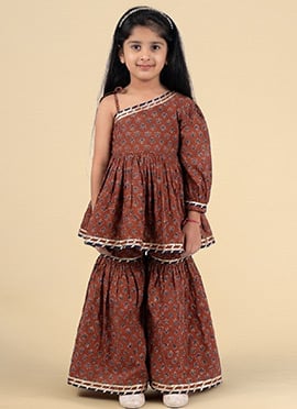 Maroon Blended Cotton Printed Kurta Sharara Set