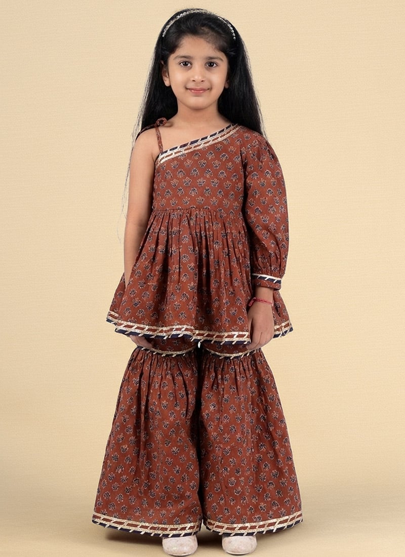 Maroon Blended Cotton Printed Kurta Sharara Set After Six Wear