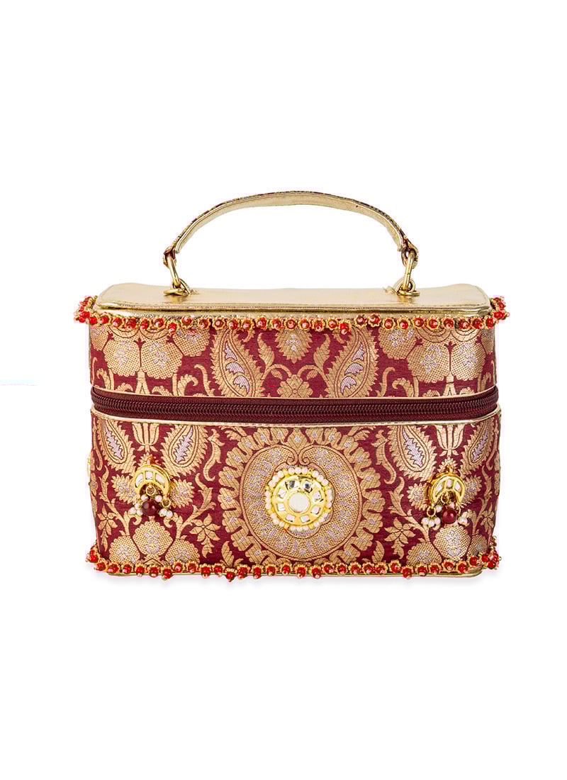 Maroon Brocade Beads Hand Bag Wedding Wear