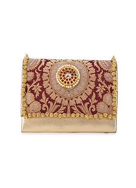 Maroon Brocade Beads Hand Bag