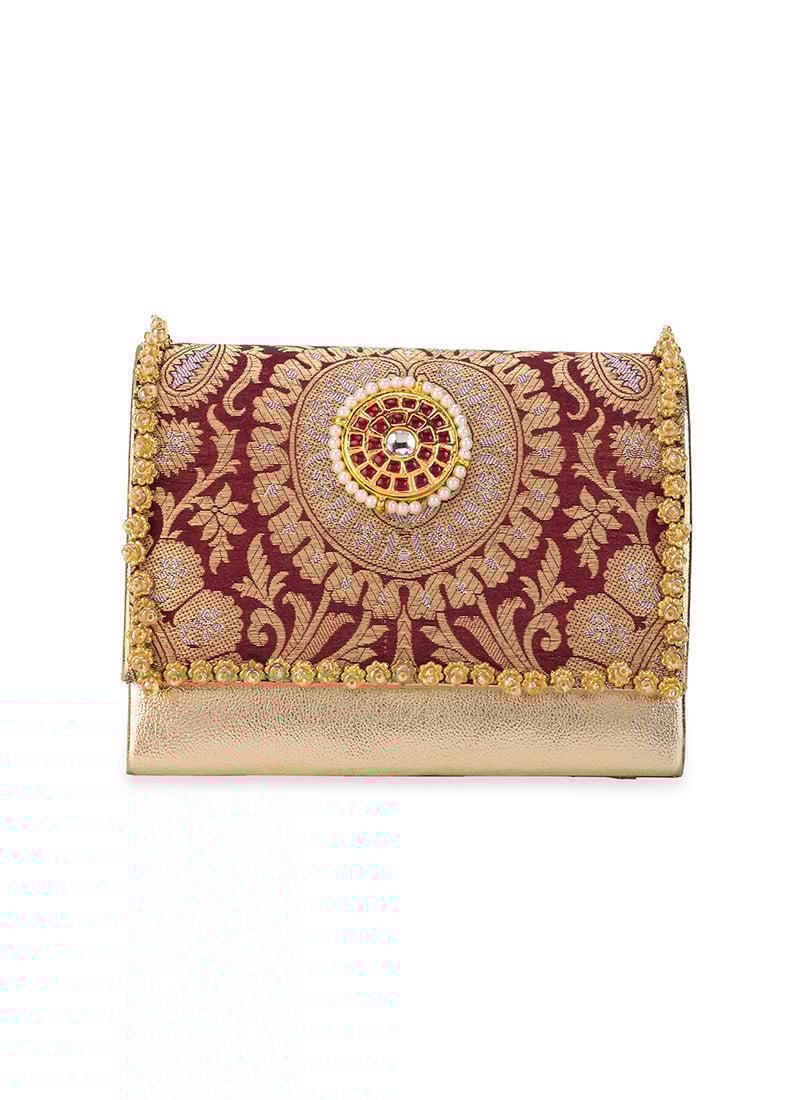 Maroon Brocade Beads Hand Bag Wedding Wear