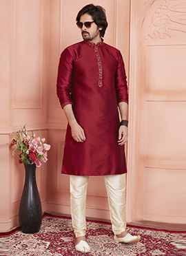 Maroon Brocade Jacquard Silk Kurta Pyjama