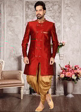 Red Brocade Silk Classic Sherwani