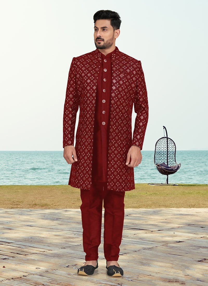 Maroon Champion Silk Embroidered Sequins Indowestern Sherwani Wedding Wear