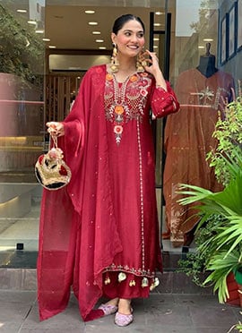 Maroon Chanderi Embroidered Straight Pant Suit