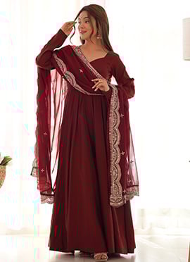 Maroon Chanderi Silk Embroidered Anarkali Suit