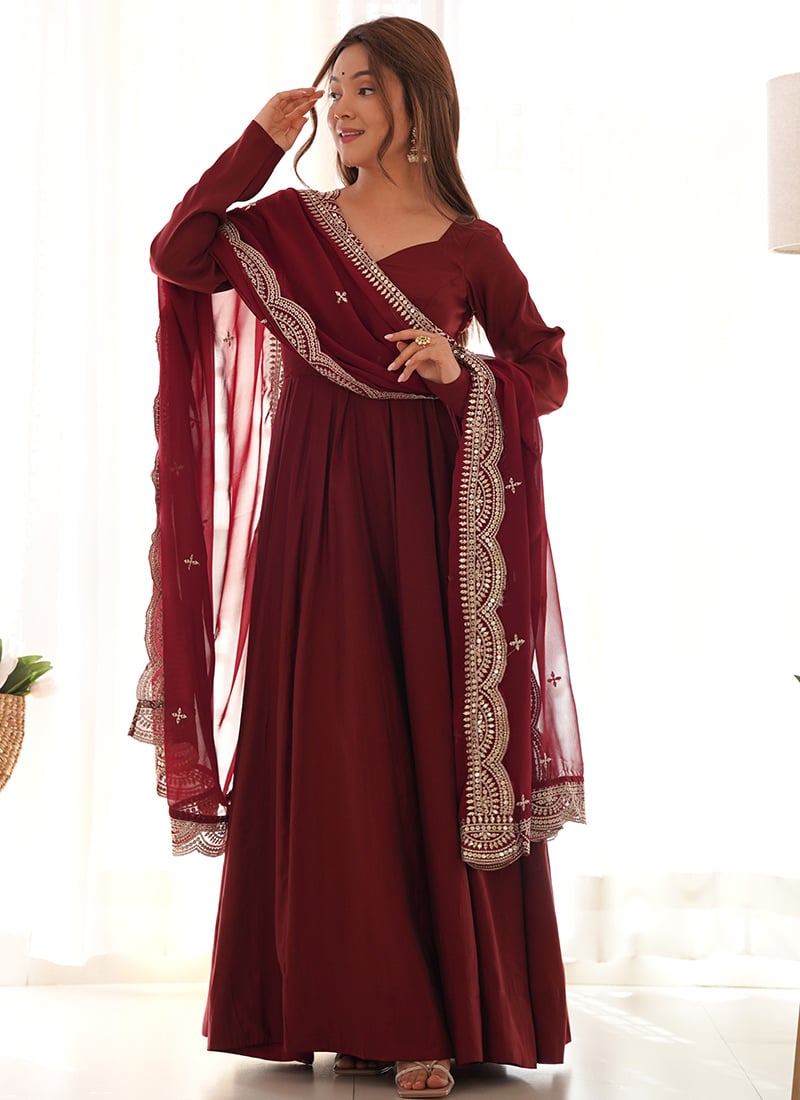 Maroon Chanderi Silk Embroidered Anarkali Suit Festive Wear
