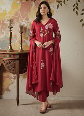Maroon Chanderi Silk Embroidered Straight Pant Suit