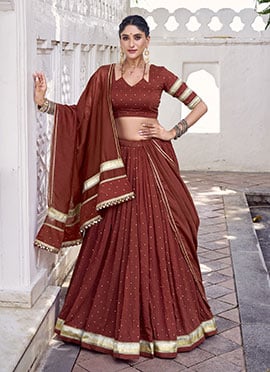 Maroon Chanderi Silk Gota Patti Lace Work Umbrella Lehenga