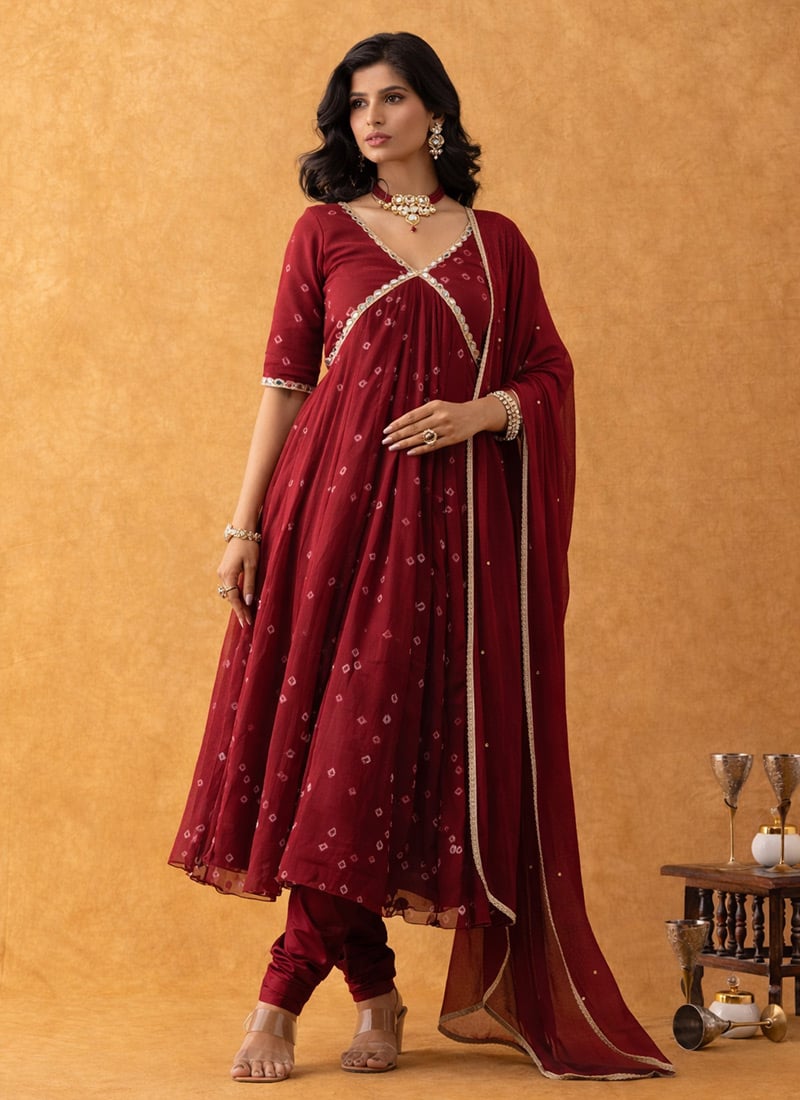 Maroon Chiffon Bandhini Print Anarkali Suit After Six Wear