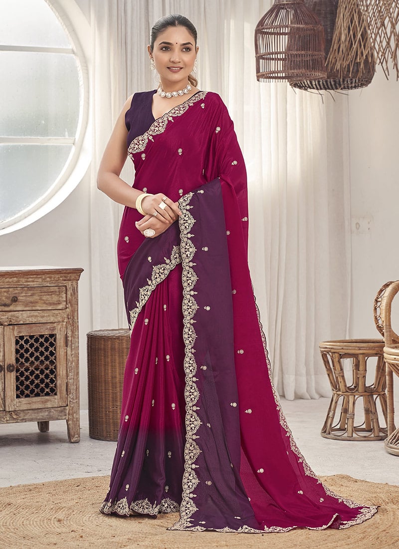 Maroon Chiffon Embroidered And Zari Pedding Saree Festive Wear