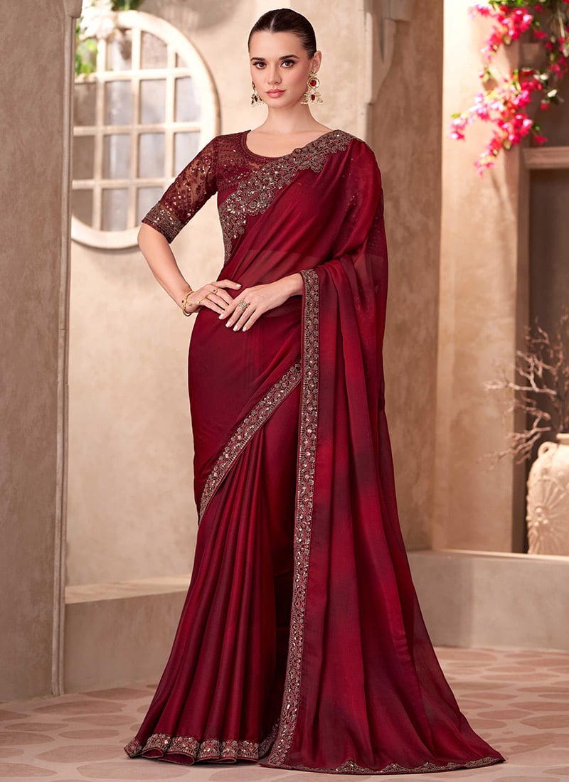 Maroon Chiffon Embroidered Sequins Cut Work Saree Festive Wear