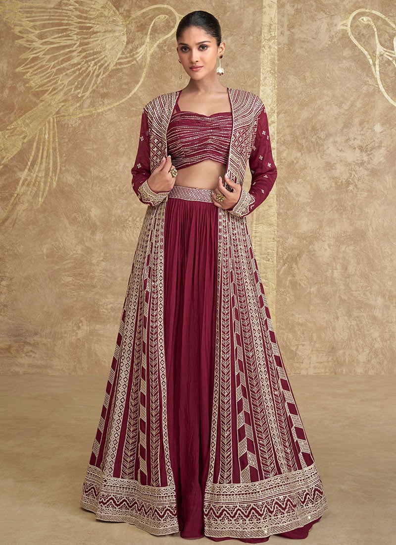 Maroon Chinnon Silk Embroidered Sequins Stylish Indowestern Jacket Lehenga Set